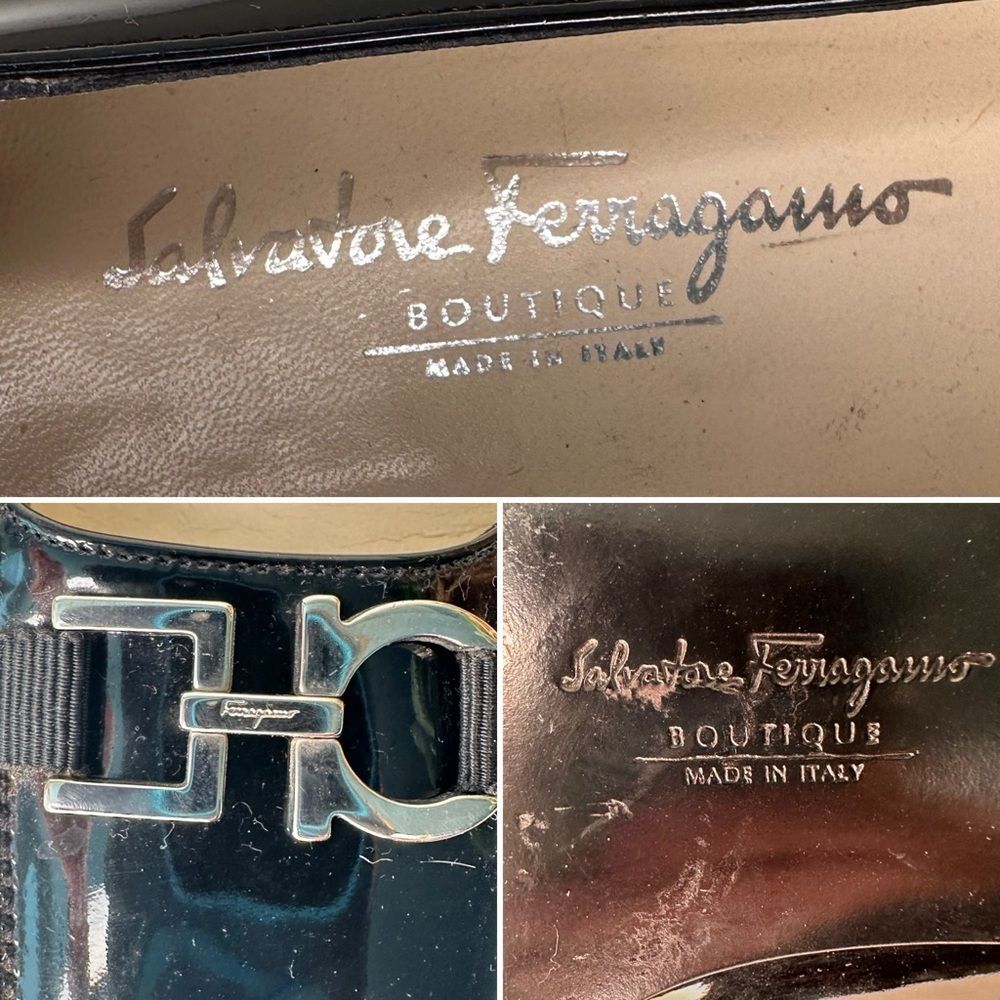 SALVATORE FERRAGAMO Vintage Letizia Black Patent Leather Loafers 7.5B | Gancini - Picture 9 of 10